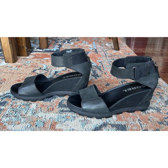 SOREL Women's Joanie II Ankle Strap Black Leather Wedge Sandals Size 8 - Picture 3 of 11